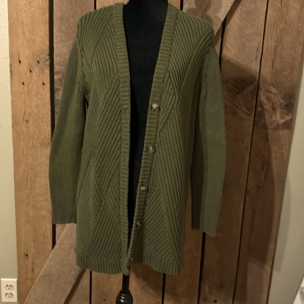 CAbi Olive Green Aerial Chunky Knit long Cardigan, size Medium